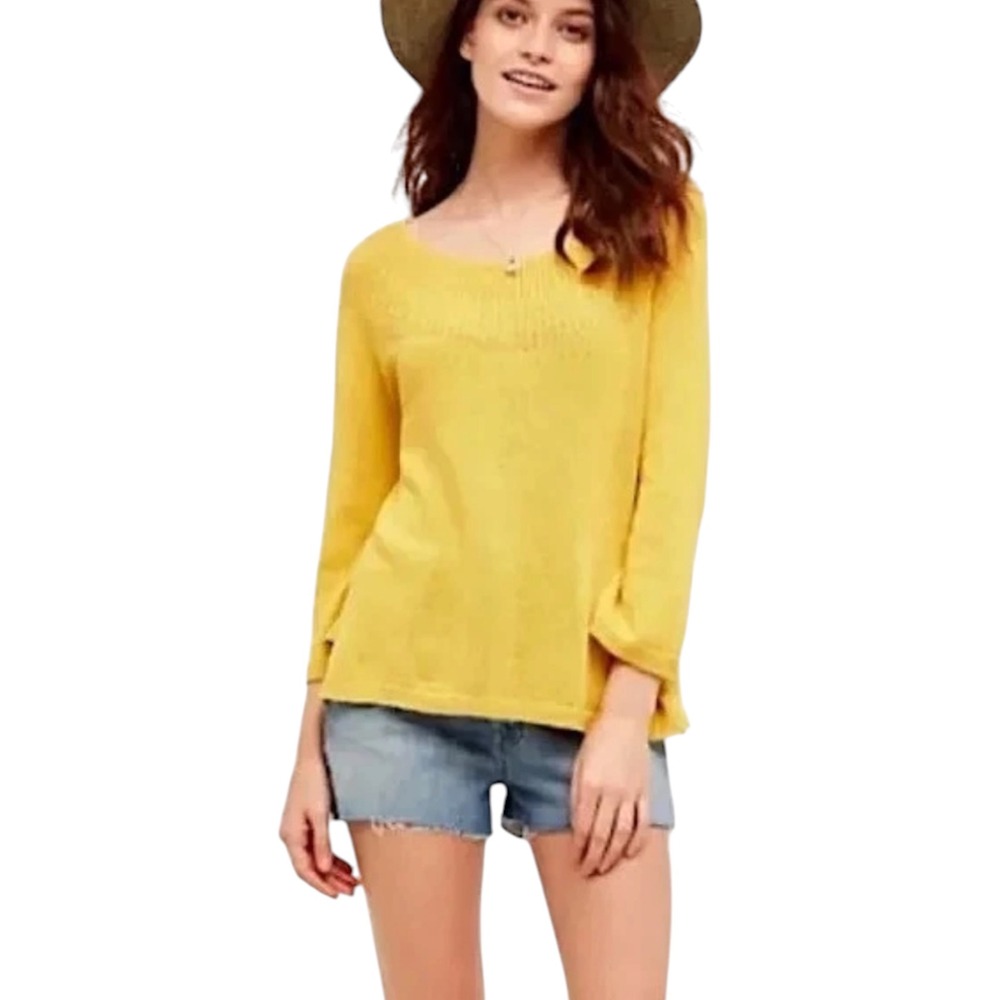 Anthropologie Moth Mila Mustard Yellow Linen Blend Knit Sweater Top Size Large